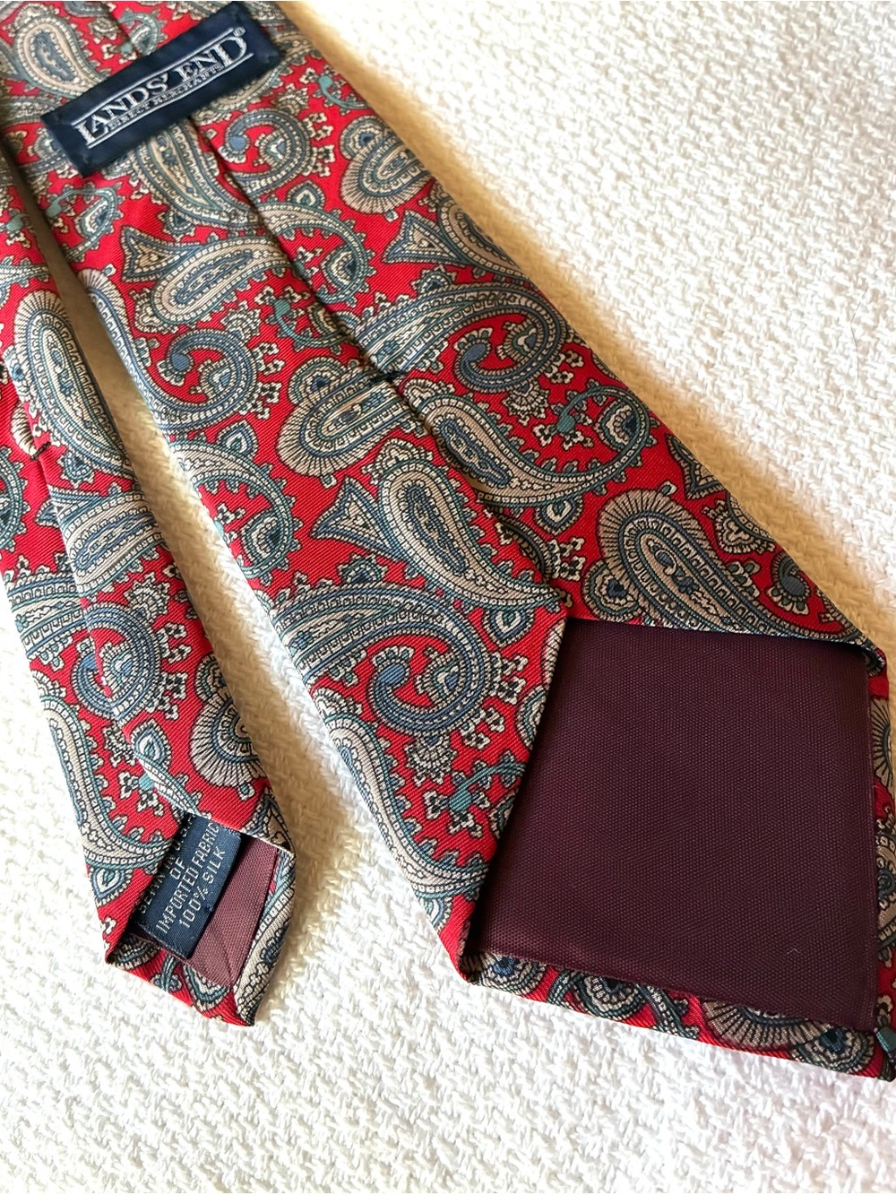 Lands' End 100% Silk Red Paisley Tie with Blue and Cream Accents - Picture 3 of 5